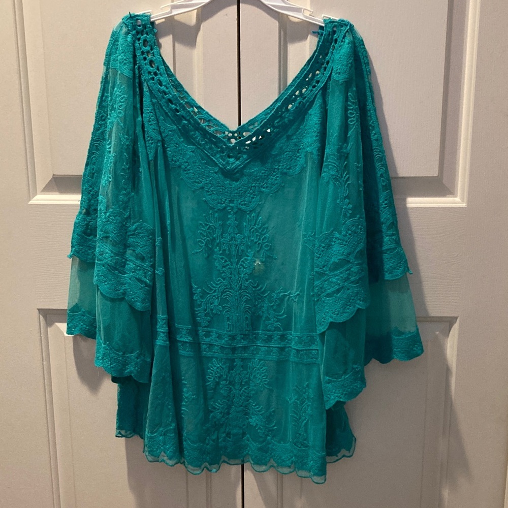 Umgee Teal Lace Layered overlay Blouse